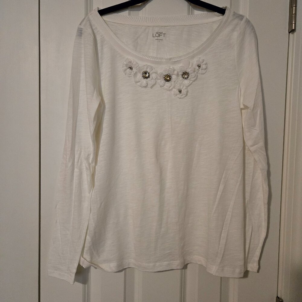Ann Taylor Loft Beaded Floral Neck Long Sleeve Tee - Size M - NWT